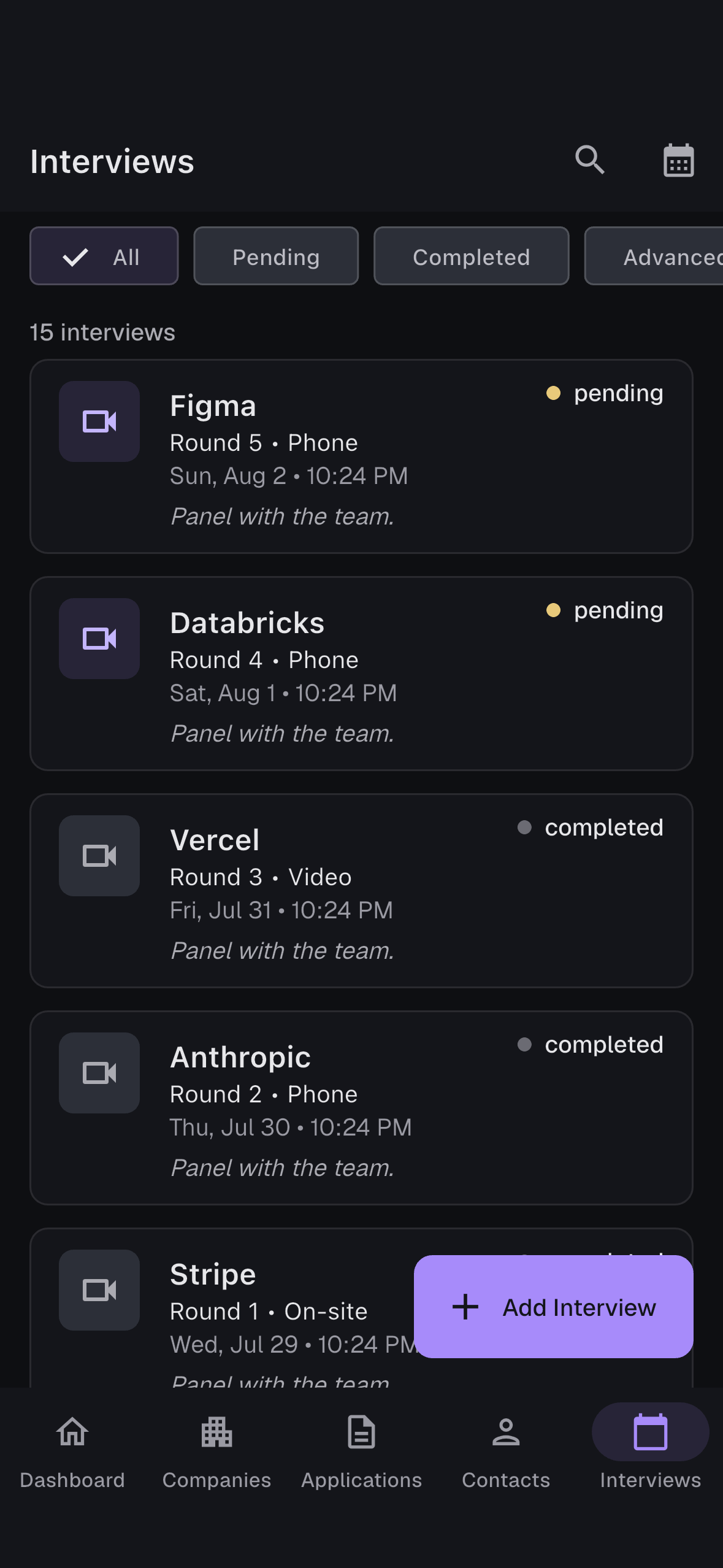JobMap on Android — interviews, dark theme