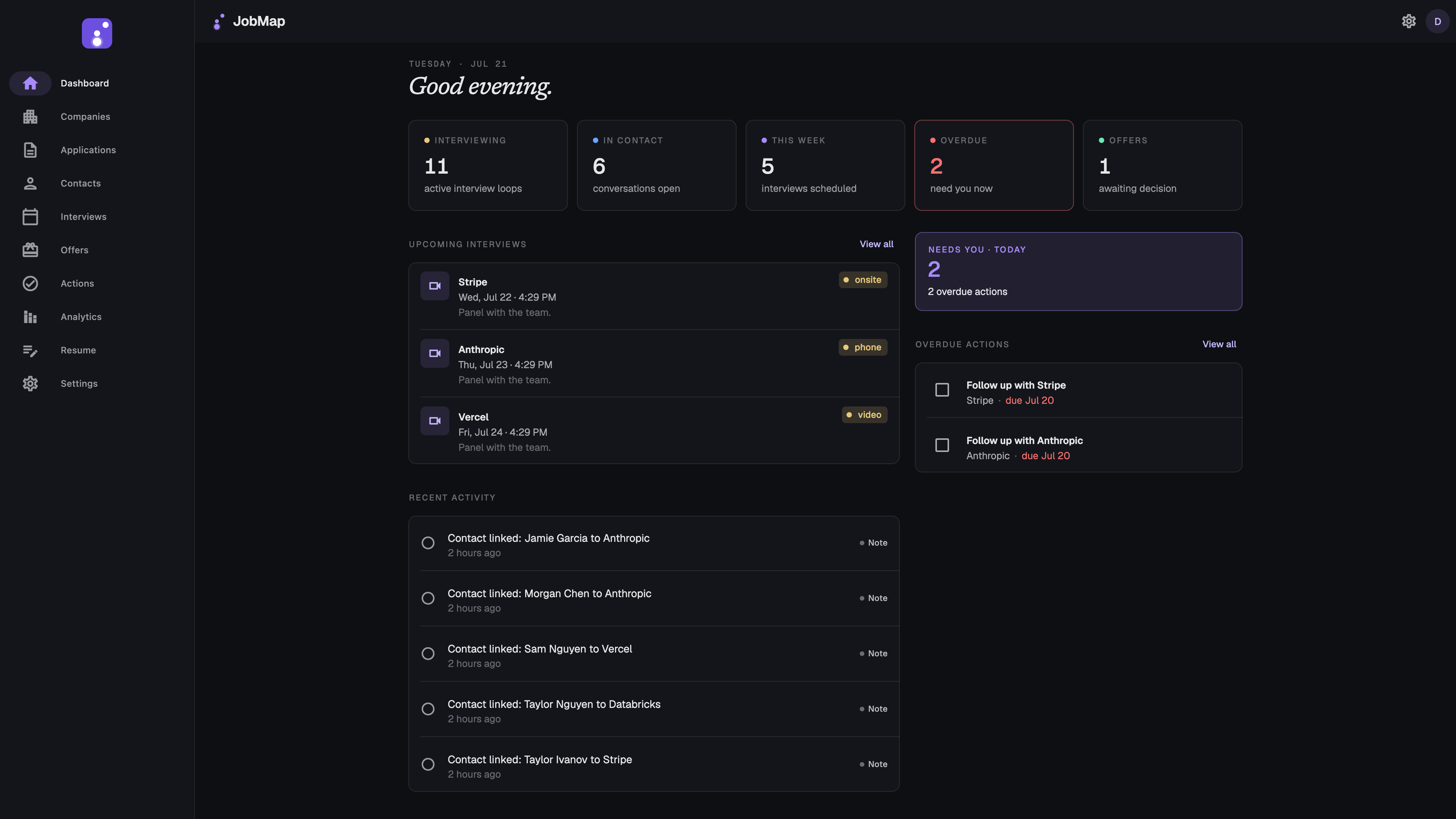 JobMap dashboard with pipeline stats, upcoming interviews, and overdue actions