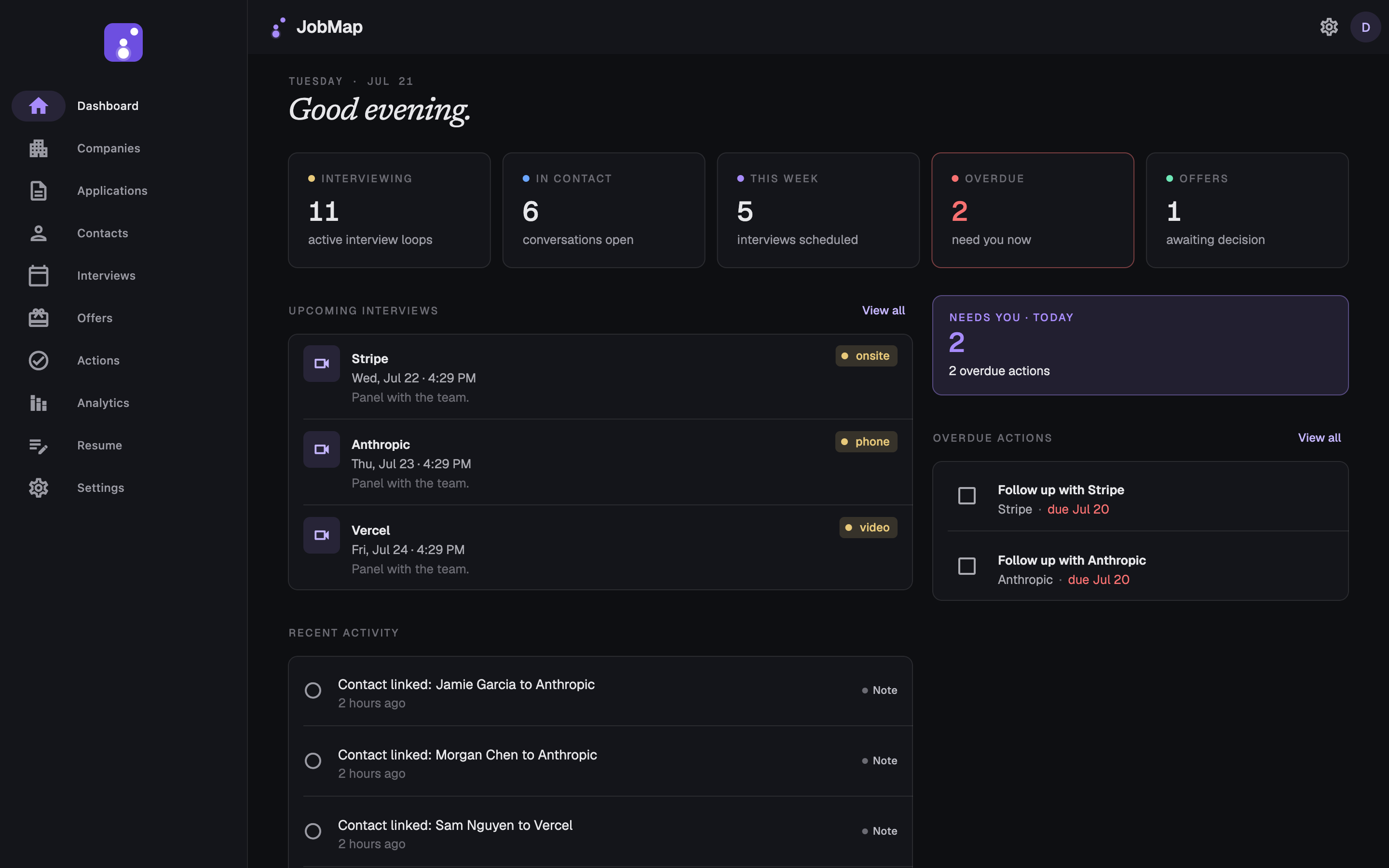 JobMap on macOS — dashboard, dark theme