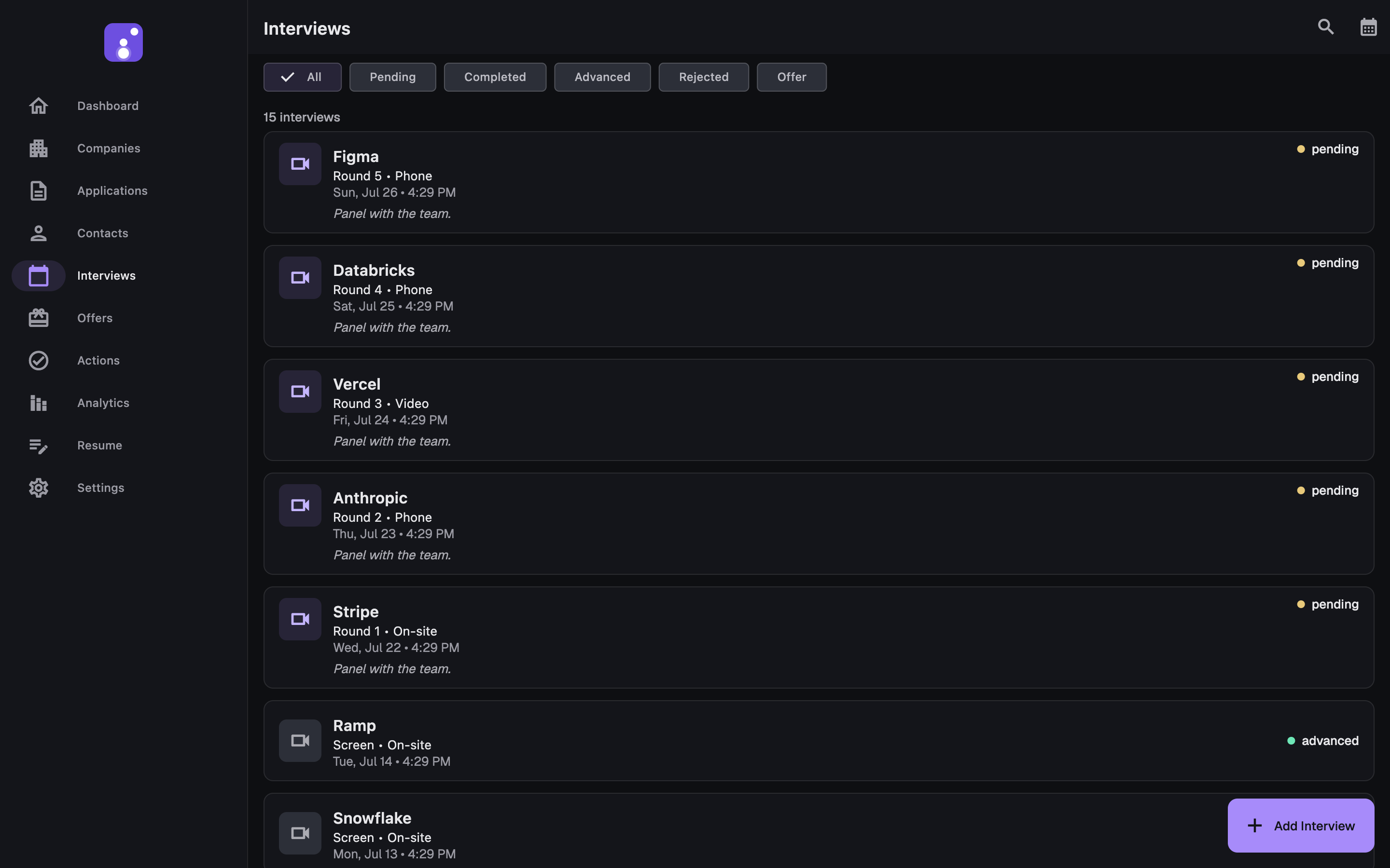 JobMap on macOS — interviews, dark theme
