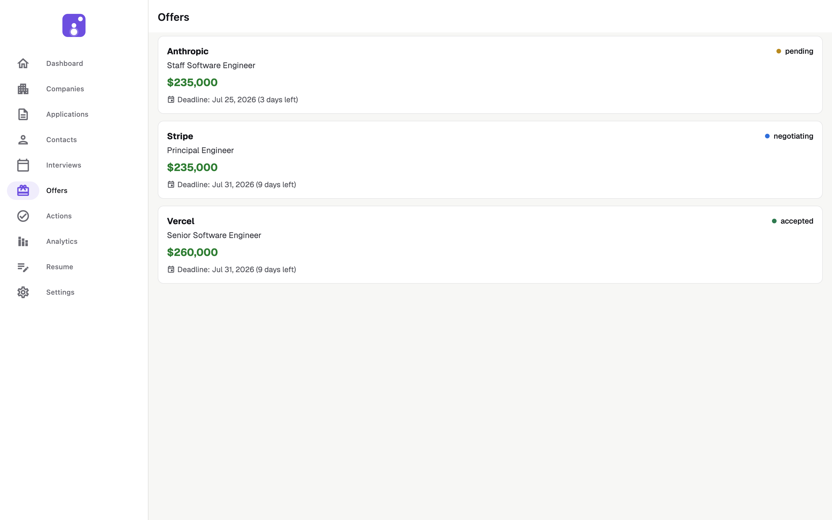 JobMap on macOS — offers, light theme