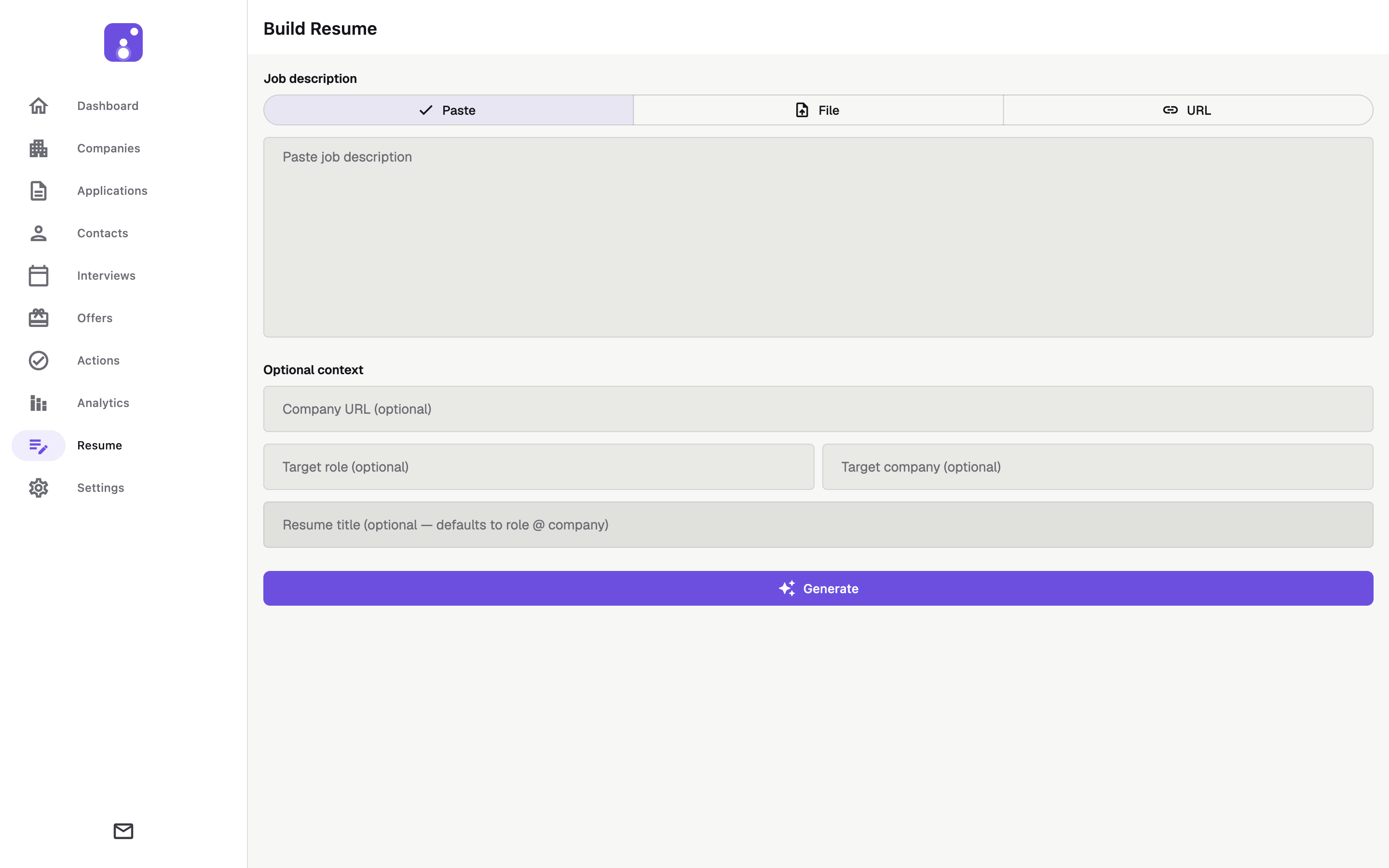JobMap on macOS — AI resume builder, light theme