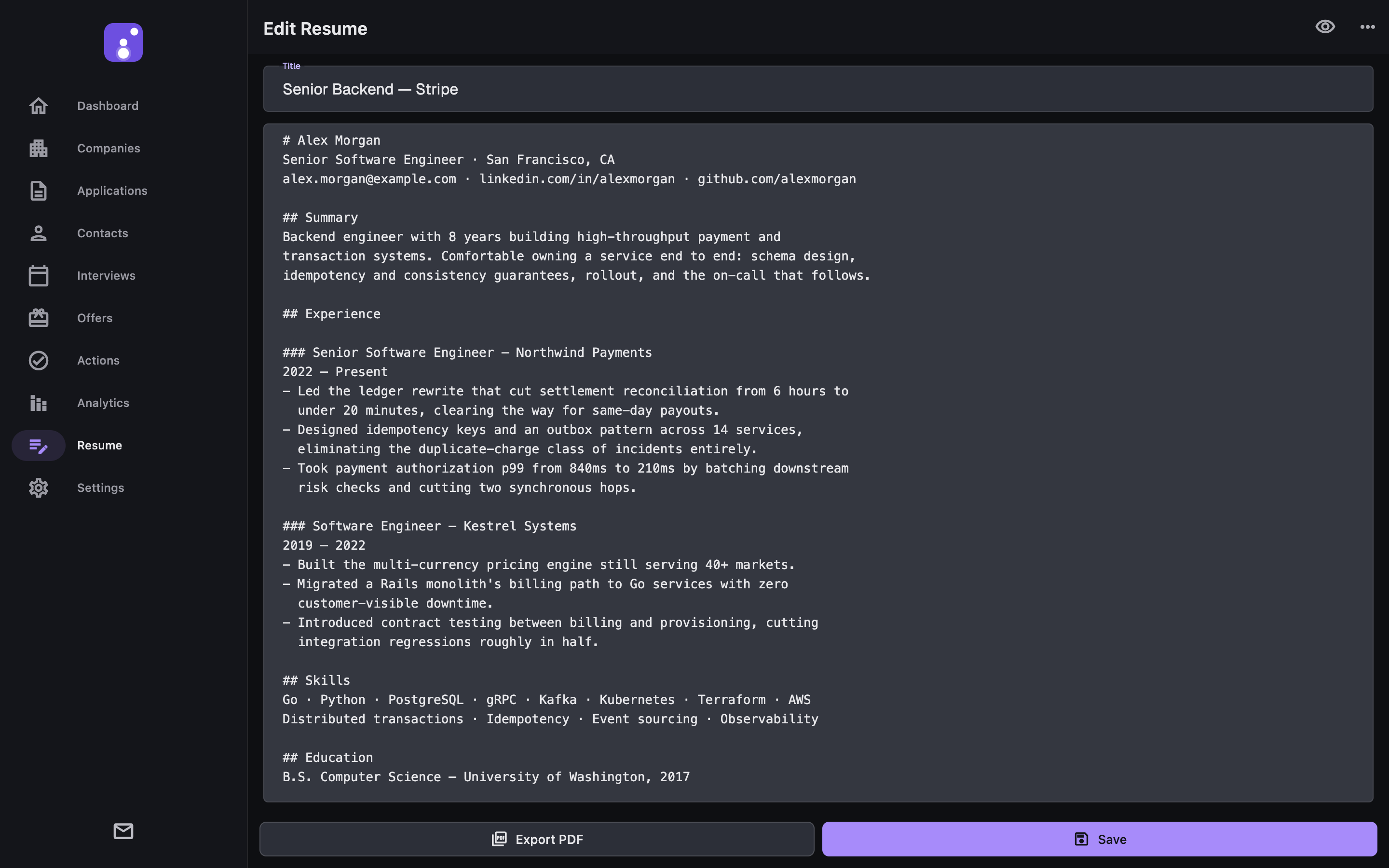 JobMap on macOS — a generated resume open in the editor, dark theme