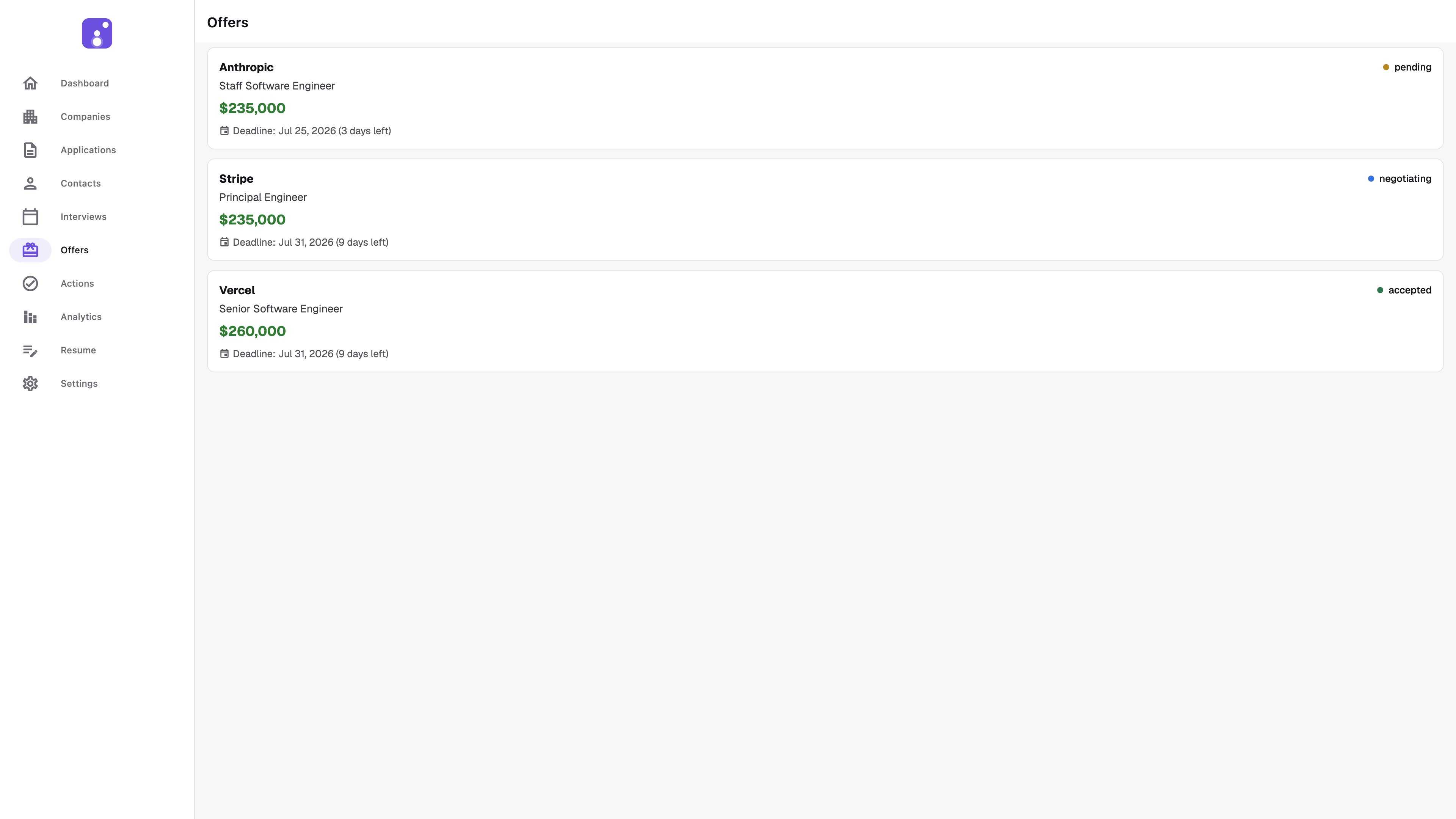 JobMap offers screen comparing three offers with salaries and deadlines