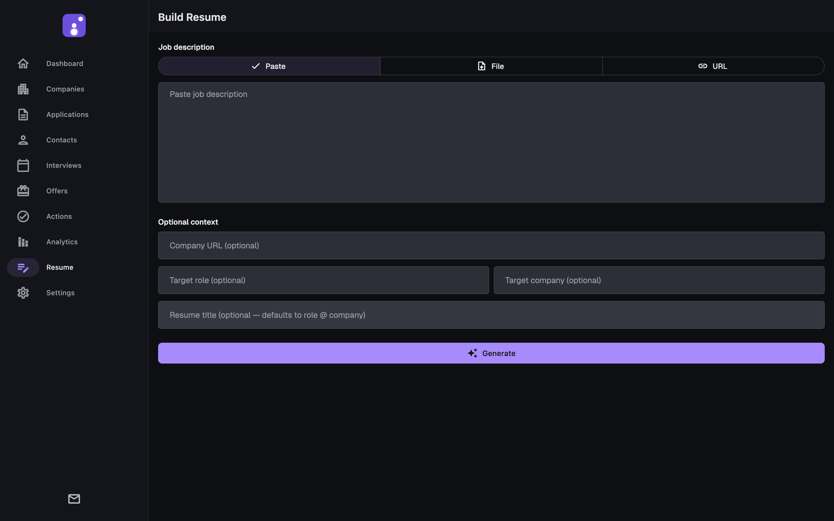 JobMap resume builder — paste a job description, file, or URL and generate a tailored resume